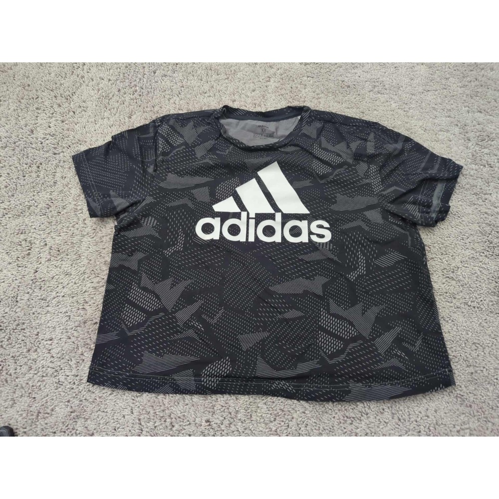 Adidas T Shirt Womens M Black‎ Gray Geometric Camo Short Sleeve Boxy Active
